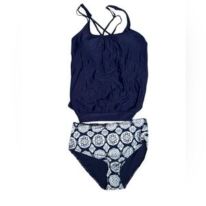 Tempt Me navy Tankini Abstract bottoms Large cross‎ cross straps in back